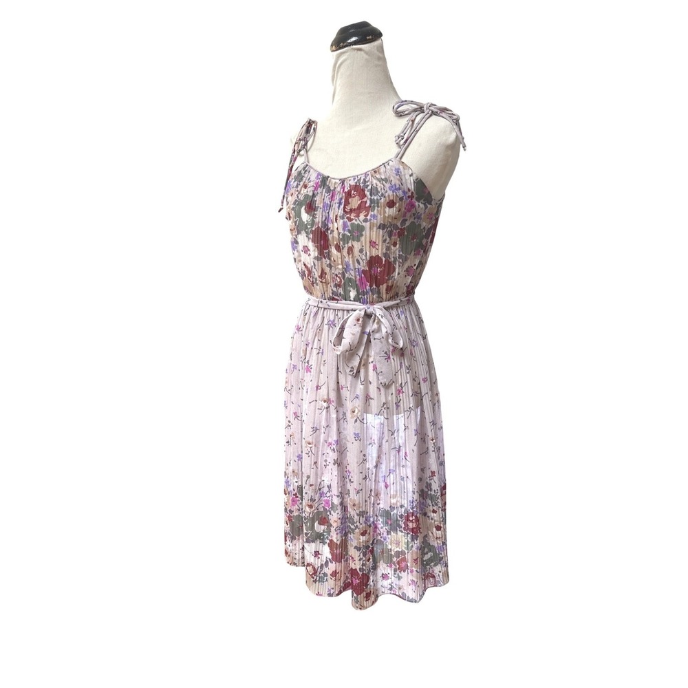 Vintage Floral Pleated Tie Strap Midi Sheer Dress Cottagecore Boho Romantic S - Picture 2 of 6